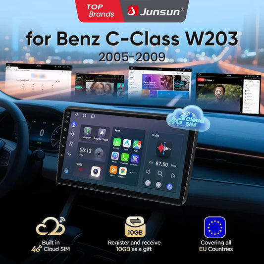Junsun eSIM Android 14 Wireless CarPlay For Benz C-Class W203 2005 2006 2007 2008 2009 GPS 4G Multimedia Stereo accessories