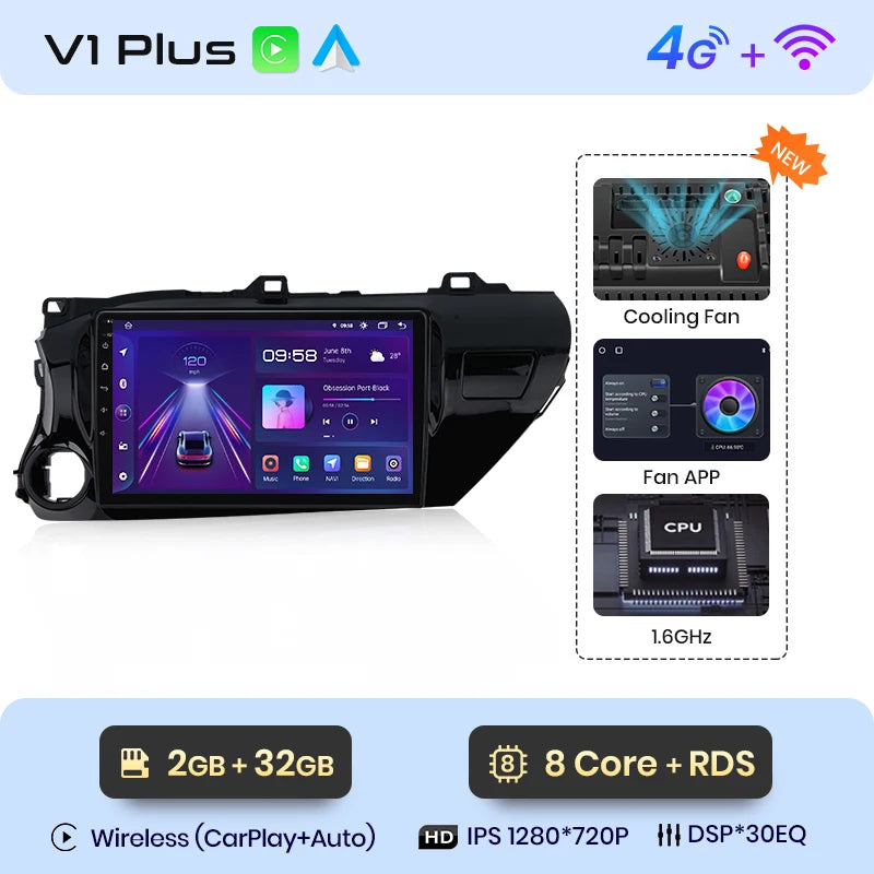 Junsun V1 Plus Car Radio For Toyota Hilux PickUp AN120 2015 - 2020 wireless CarPlay Android Auto No 2 din 2din DVD