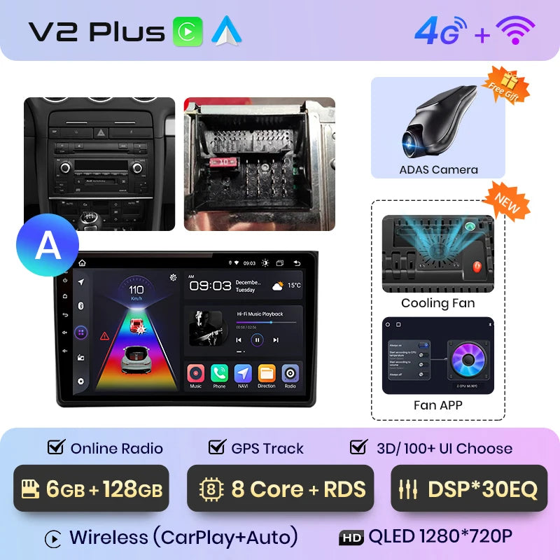 Junsun V1 AI Voice Wireless CarPlay Android Auto Radio For Audi A4 B6 2000-2009 Car Multimedia GPS 2din autoradio