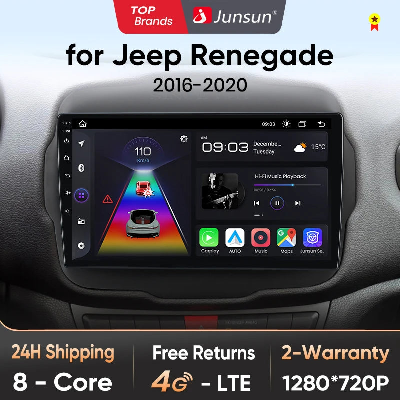 Junsun V1 AI Voice - Radio inalámbrica CarPlay Android para Jeep Renegade 2016-2020, 4G, GPS, 2DIN 