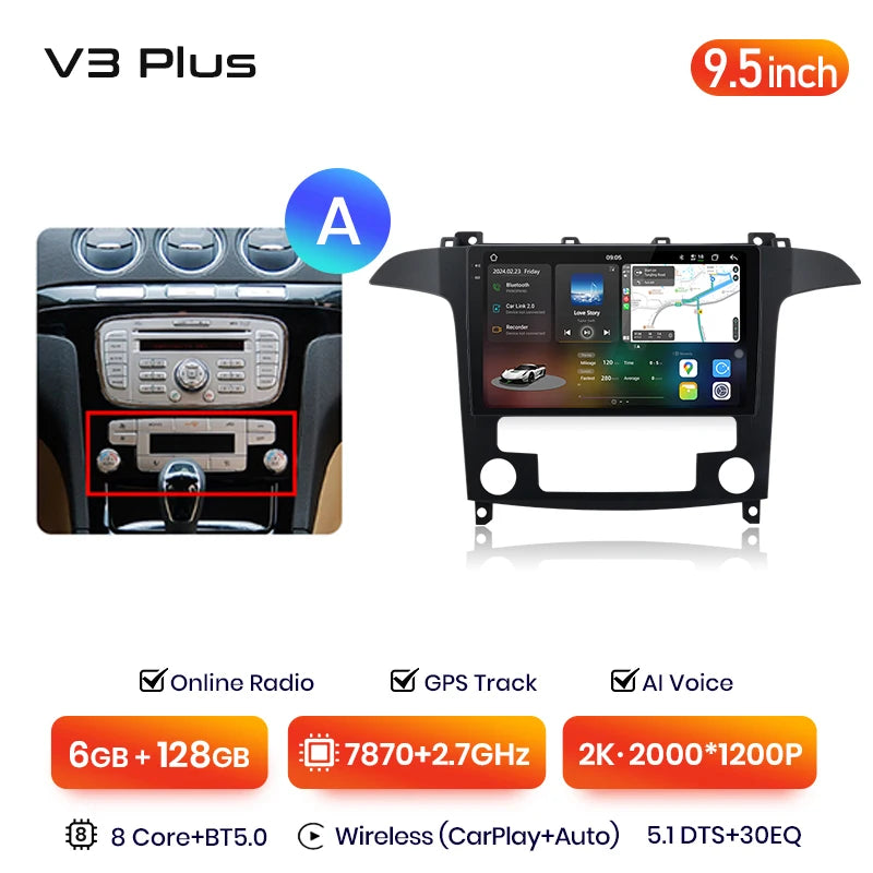 Junsun V3 Plus 2K Android 13 Wireless CarPlay Android Auto Car Intelligent Systems  For Ford S-Max S max 2007 - 2015 Autoradio
