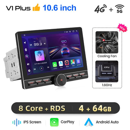 Junsun 10.6 Inch Universal Rotatable 1DIN 2DIN Car Radio Wireless CarPlay Android Auto Touch Screen Multimedia GPS autoradio