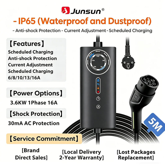 Junsun Type 2 Portable EV Charger 3.6KW 7KW 11KW 22KW IP65 Waterproof Outdoor Mode 2 Charging Cable with 6 8 10 13 16 20 24 32A Adjustable Current Scheduled Charging Function Touch Buttons Control 2 Year Warranty for EU Electric Cars Hybrid BEV - Junsun Official Store