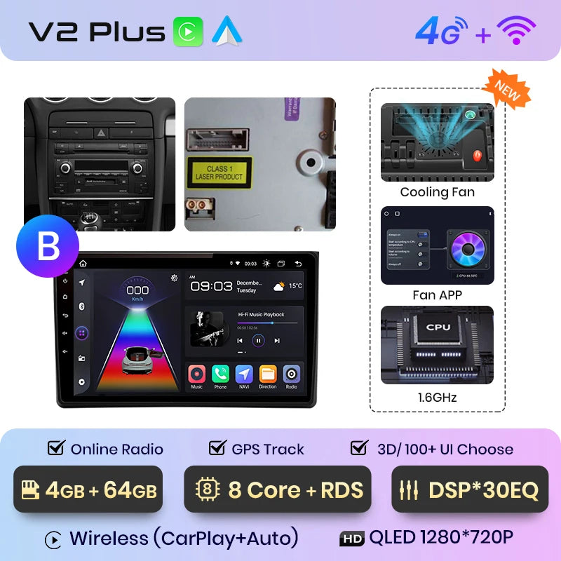 Junsun V1 AI Voice Wireless CarPlay Android Auto Radio For Audi A4 B6 2000-2009 Car Multimedia GPS 2din autoradio