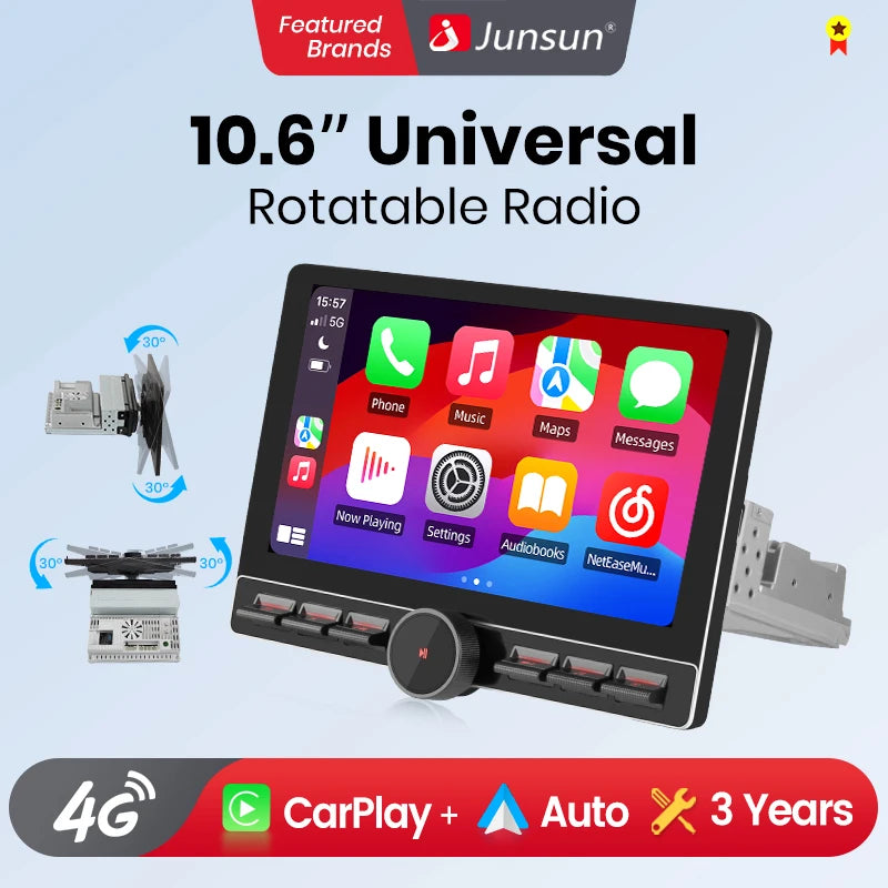 Junsun 10.6 Inch Universal Rotatable 1DIN 2DIN Car Radio Wireless CarPlay Android Auto Touch Screen Multimedia GPS autoradio