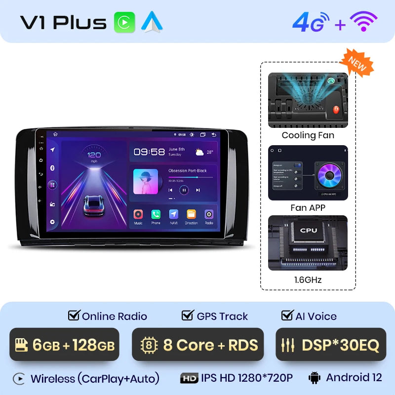 Junsun V1 - Radio inalámbrica con CarPlay y Android para Mercedes Benz Clase R (W251, R300, R280, R320, años 2005 a 2017) 