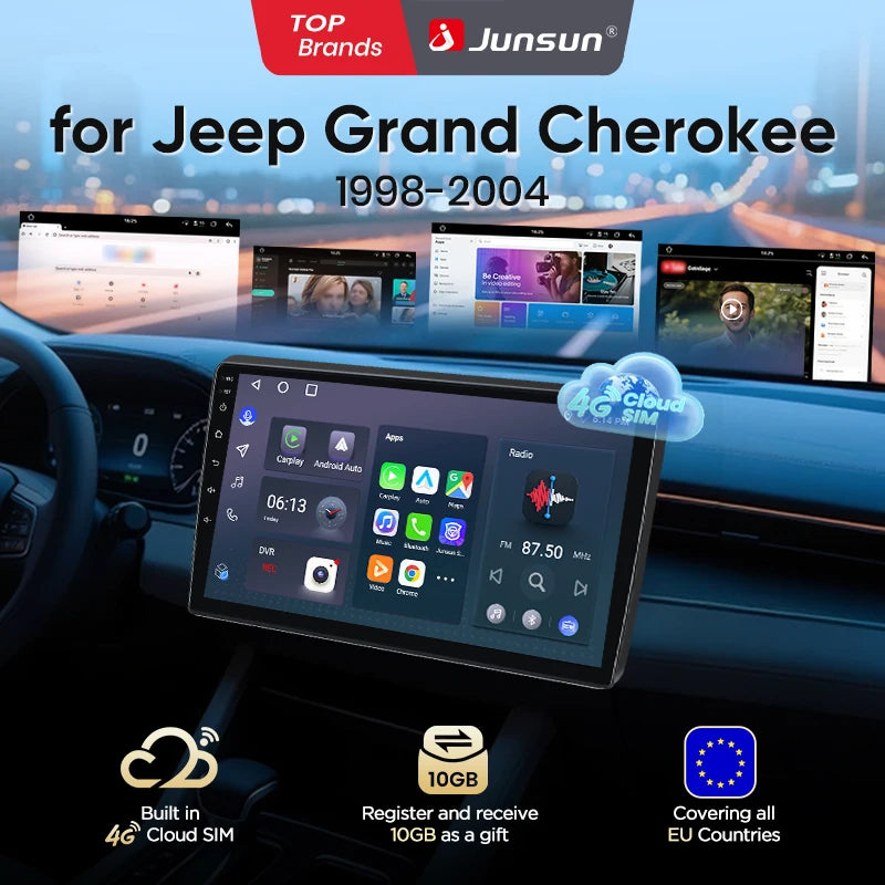 Junsun 8 Core Car Stereo For Jeep Grand Cherokee 1998 1999 2000 2001-2004 Wireless Carplay Android Auto GPS Navigation FM eSIM