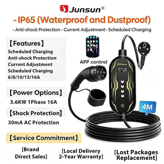 Junsun Type 2 App control Portable EV Charger 6 8 10 13 16 20 24 32A Current Adjustable IP65 Waterproof 3 6KW 7KW Compatible Scheduled Charging Function Touch Button Control Panel 2 Year Warranty for EU Plug Electric Car Hybrid - Junsun Official Store