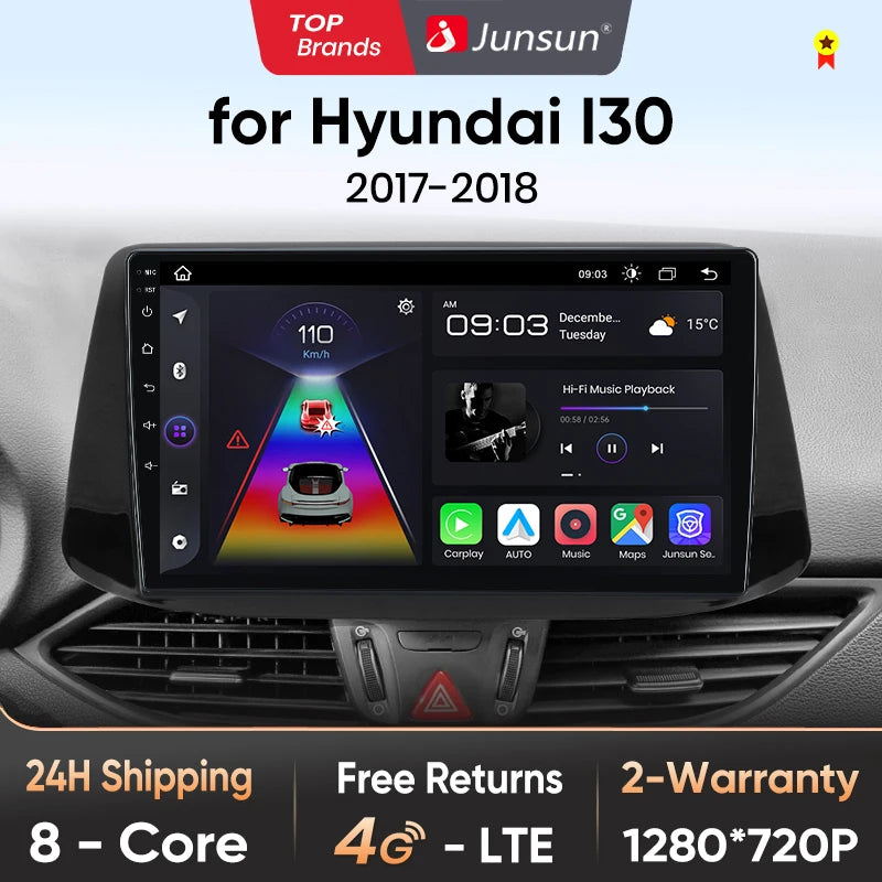 Junsun CarPlay inalámbrico Android Auto Radio para Hyundai i30 2017 2018 Sistemas inteligentes para coche RDS BT WiFi 2 DIN 