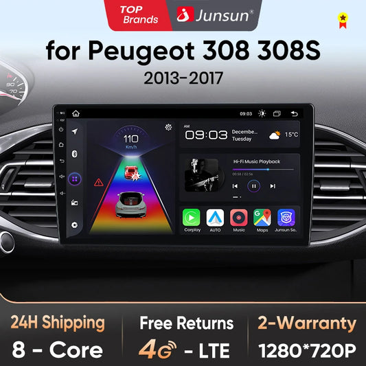 Junsun Autoradio für Peugeot 308 308S 2013–2017, kabelloses CarPlay Android Auto, intelligente Autosysteme, kein 2-Din-DVD-Player 