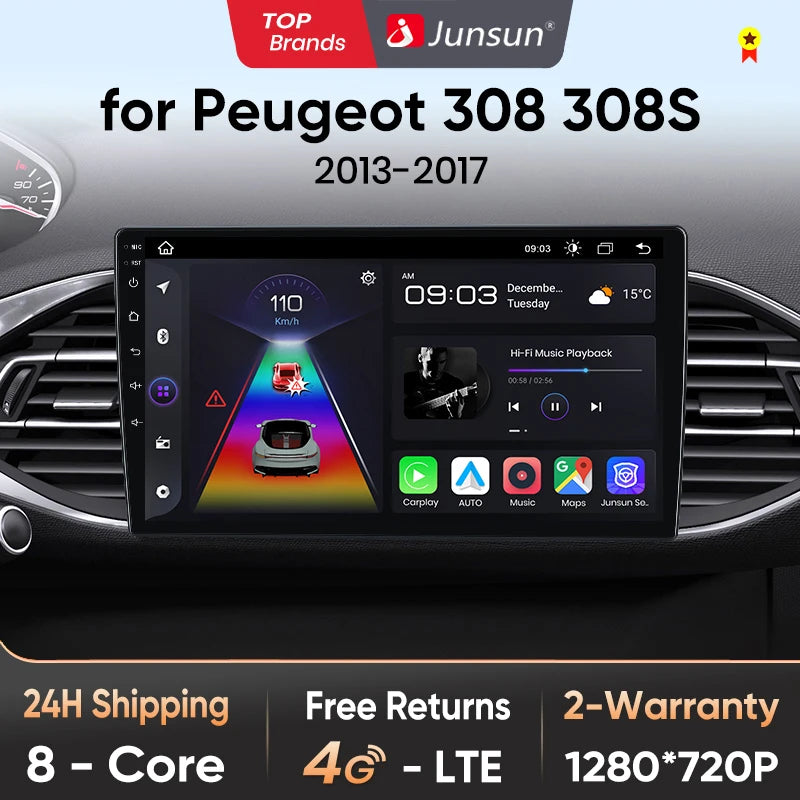 Junsun Car Radio For Peugeot 308 308S 2013 - 2017 wireless CarPlay Android Auto car intelligent systems No 2 din 2din DVD