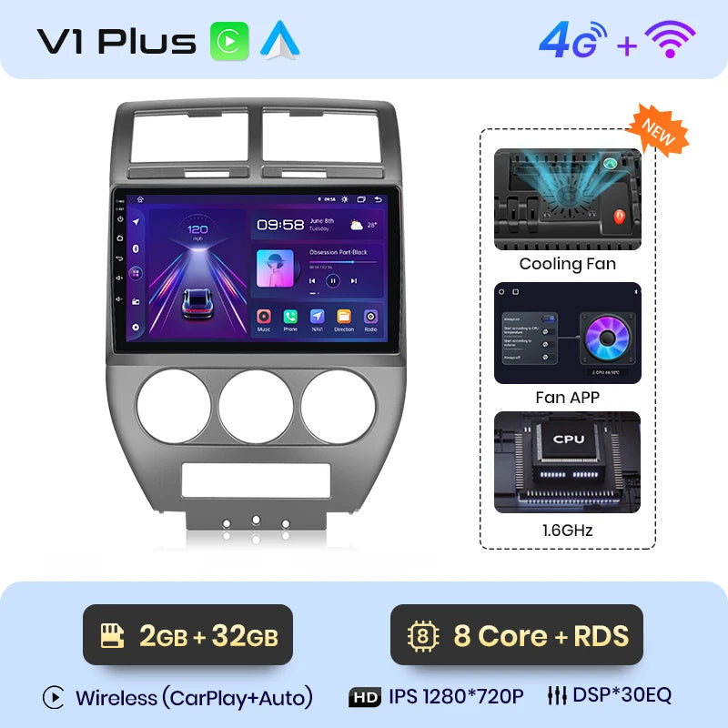 Junsun V1 AI Voice Wireless CarPlay Android Auto Radio For Jeep Compass 2007-2009 4G Car Multimedia GPS 2din autoradio