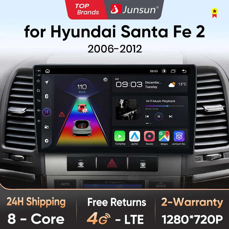 Junsun V1pro AI Voice 2 din Android Auto Radio For Hyundai Santa Fe 2 2006-2012 Carplay 4G Car Multimedia GPS 2din autoradio
