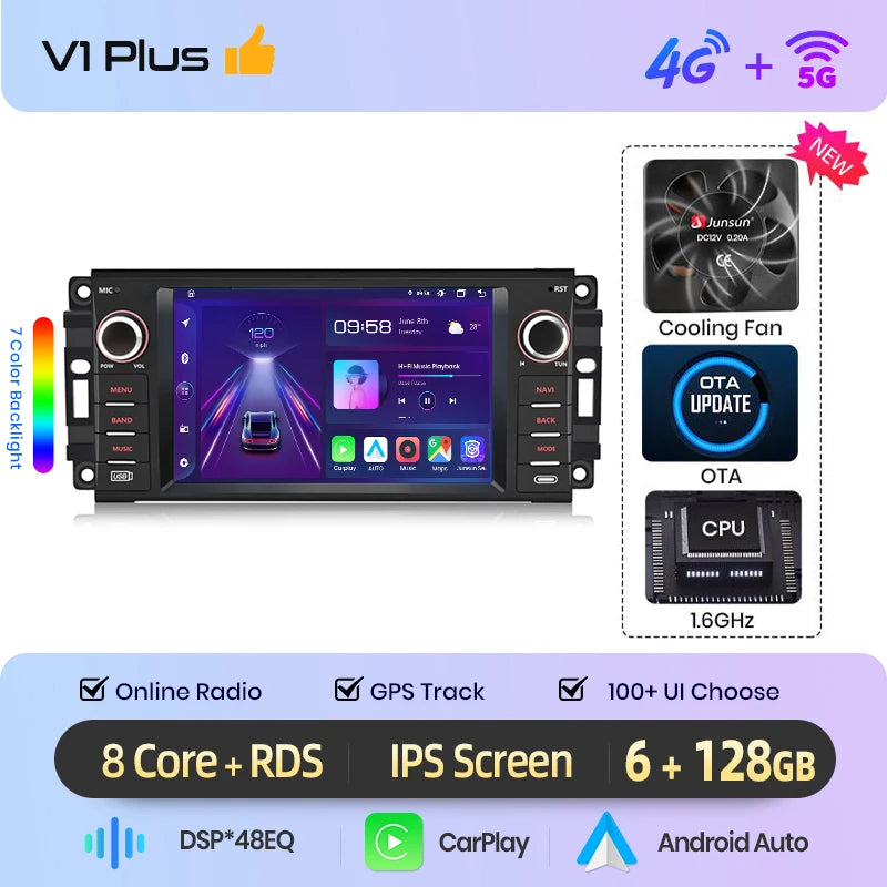 Junsun Wireless CarPlay Car Radio For Jeep Wrangler Dodge Grand Cherokee Chrysler 300C Patriot Command Caliber Android Multimedia