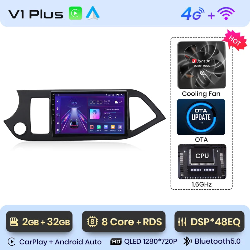 Radio Junsun para KIA Morning Picanto 2011-2016 con CarPlay inalámbrico, Android Auto, sistema inteligente para coche, 2 DIN, DVD. 