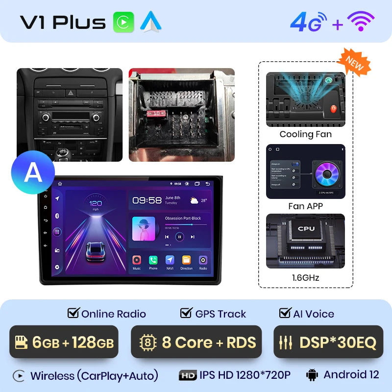 Junsun V1 AI Voice Wireless CarPlay Android Auto Radio For Audi A4 B6 2000-2009 Car Multimedia GPS 2din autoradio