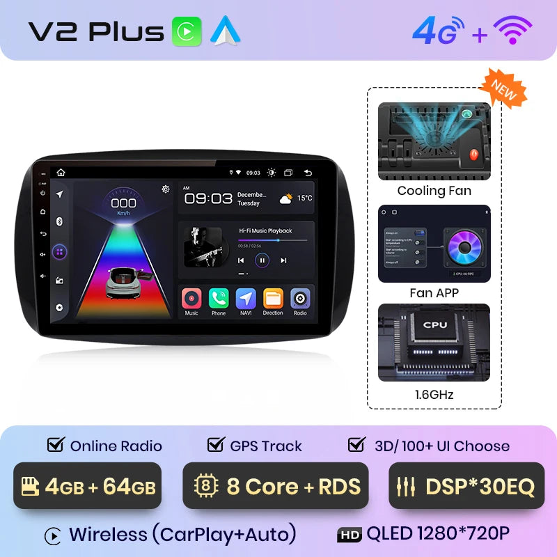 Junsun V1 AI Voice Wireless CarPlay Android Autoradio für Mercedes Benz Smart 2016 Auto Multimedia GPS 2din Autoradio 