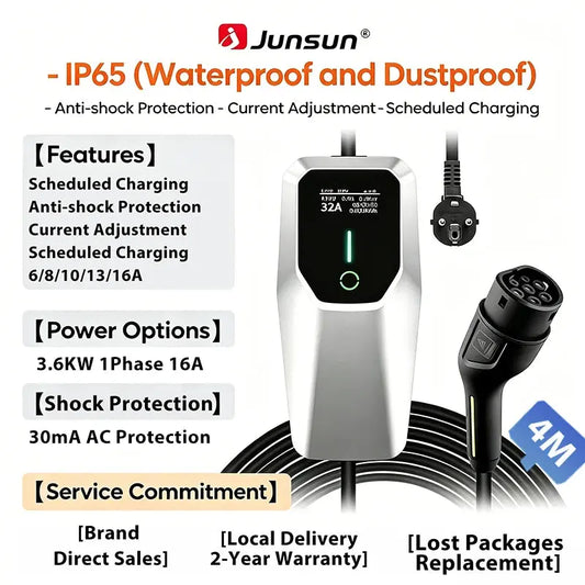 Junsun Portable EV Charger 3 6KW 7KW 11KW 22KW IP65 Waterproof Type 2 Charging Cable 6 8 10 13 16 20 24 32A Adjustable Current Scheduled Charging Delay Timer Touch Button Control 2 Year Warranty for EU Stock Electric Car - Junsun Official Store