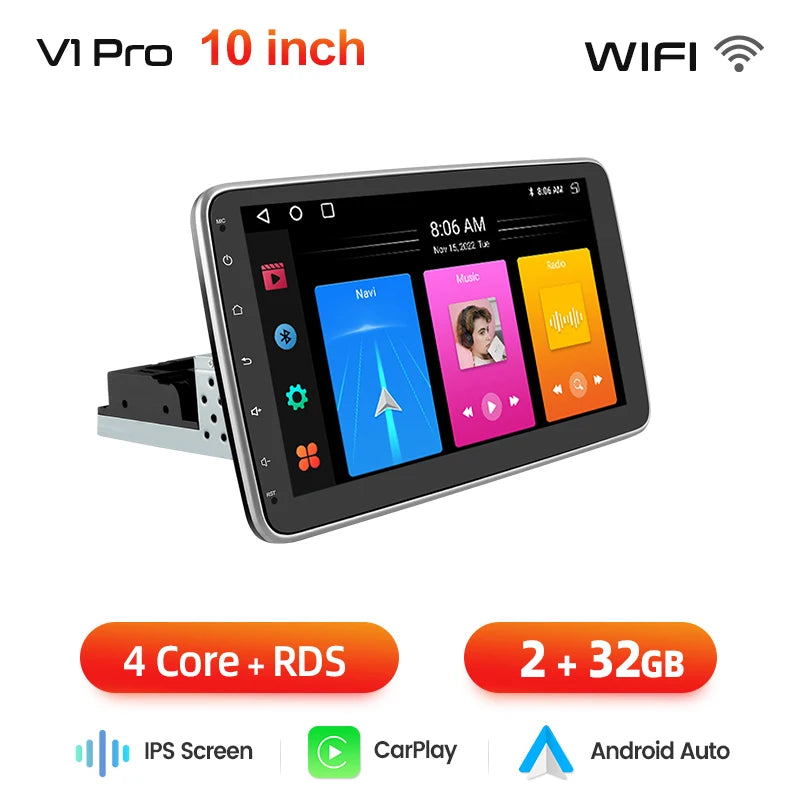 Junsun 10.6 Inch Universal Rotatable 1DIN 2DIN Car Radio Wireless 