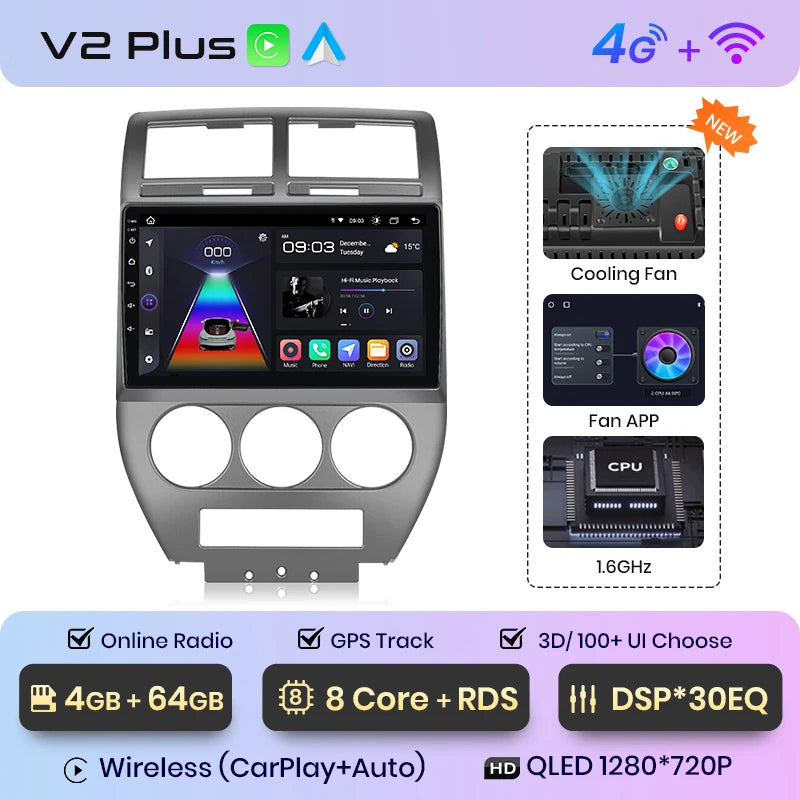 Junsun V1 AI Voice Wireless CarPlay Android Auto Radio For Jeep Compass 2007-2009 4G Car Multimedia GPS 2din autoradio