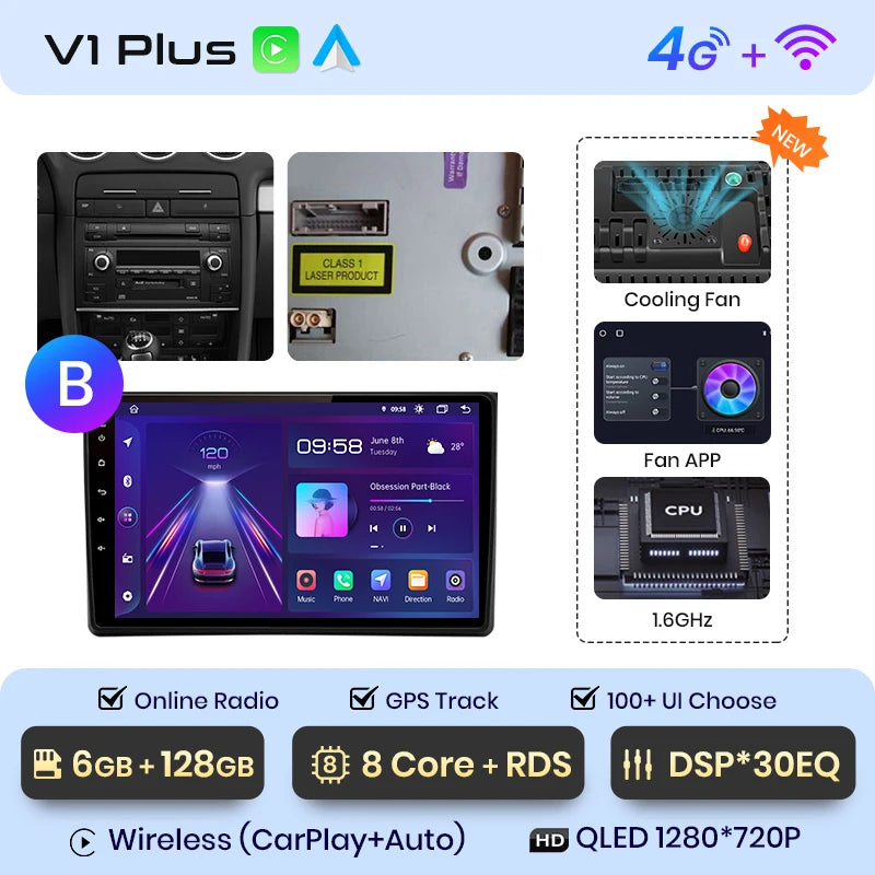 Junsun V1 AI Voice Wireless CarPlay Android Auto Radio For Audi A4 B6 2000-2009 Car Multimedia GPS 2din autoradio