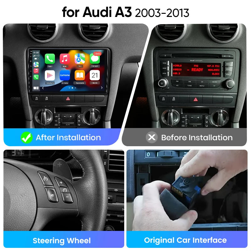 Junsun eSIM Android 14 Wireless CarPlay Android Auto Radio For Audi A3 8P 2003-2012 Autoradio Stereo 2din Head Unit accessories