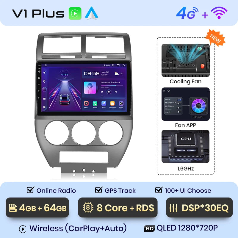 Junsun V1 AI Voice Wireless CarPlay Android Auto Radio For Jeep Compass 2007-2009 4G Car Multimedia GPS 2din autoradio