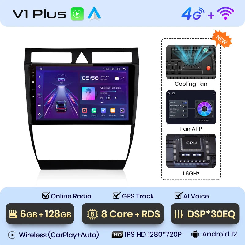 Junsun V1 AI Stimme Drahtlose CarPlay Android Auto Radio Für Audi A6 C5 1997-2004 S6 RS6 4G Auto Multimedia GPS 2din autoradio 