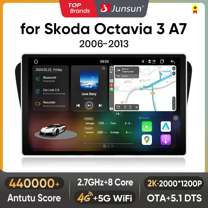Junsun V3 Plus 2K Android 13 CarPlay inalámbrico Android Auto Sistemas inteligentes para Skoda Octavia 3 A7 2013-2018 Autoradio 