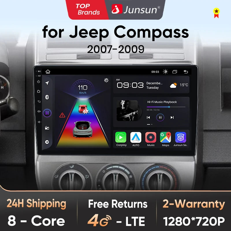 Junsun V1 AI Voice Wireless CarPlay Android Auto Radio For Jeep Compass 2007-2009 4G Car Multimedia GPS 2din autoradio