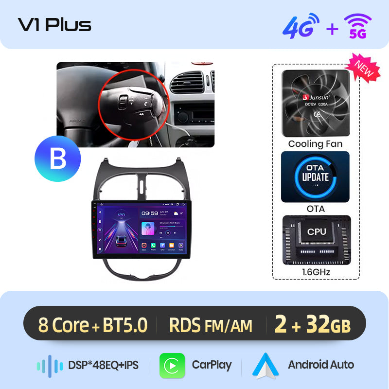 Junsun AI voice 4G LTE wireless CarPlay Android Auto Radio For Peugeot 206 206CC 206SW 2001-2008 Car Intelligent Systems Multimedia player Stereo RDS BT 2 din autoradio GPS Navi screen